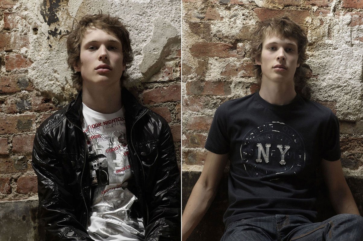 Men's campaign diptych, two models against a brick wall