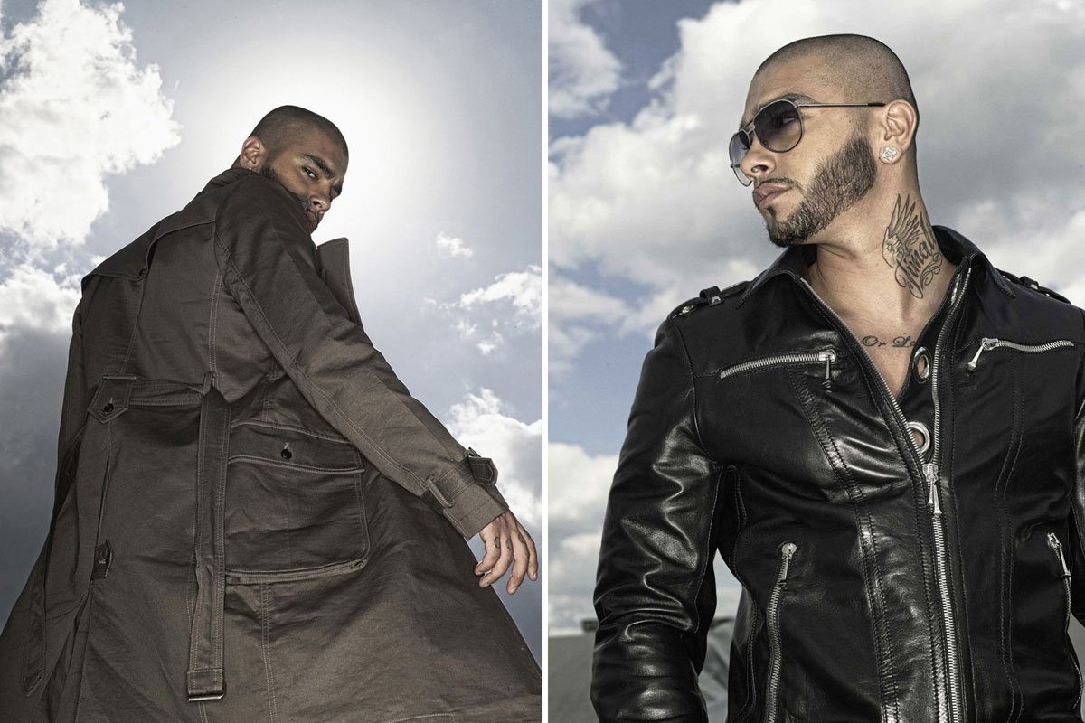 Men's campaign diptych, trench coat and leather jacket outdoors