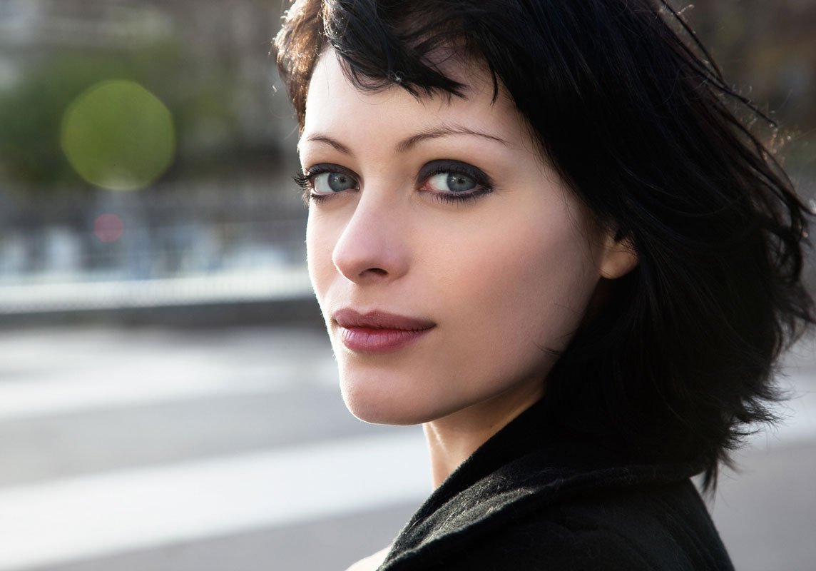 Close-up portrait with striking blue eyes