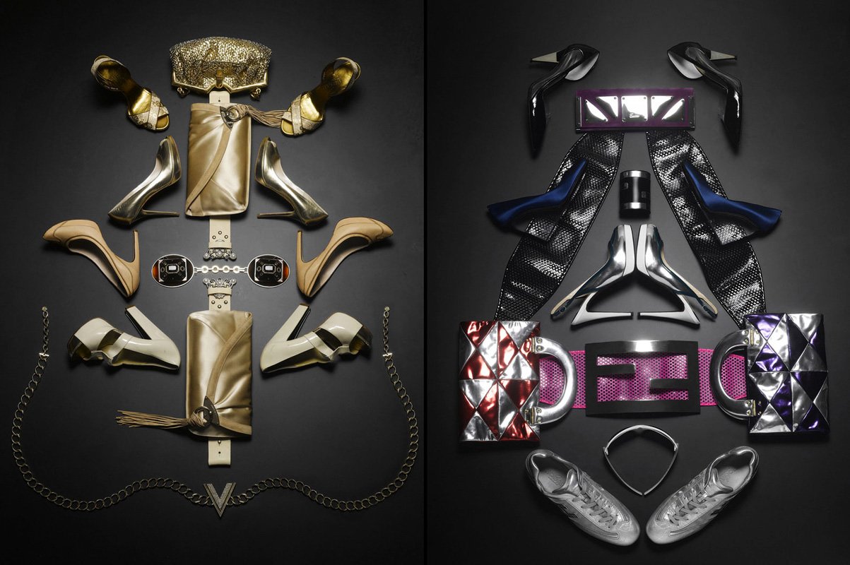 Commercial product flat-lay of metallic evening accessories
