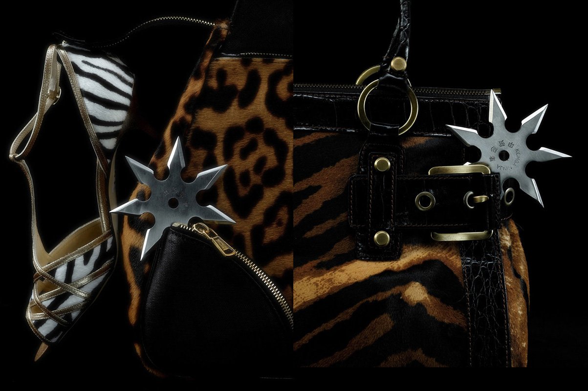 Commercial product flat-lay of animal-print accessories