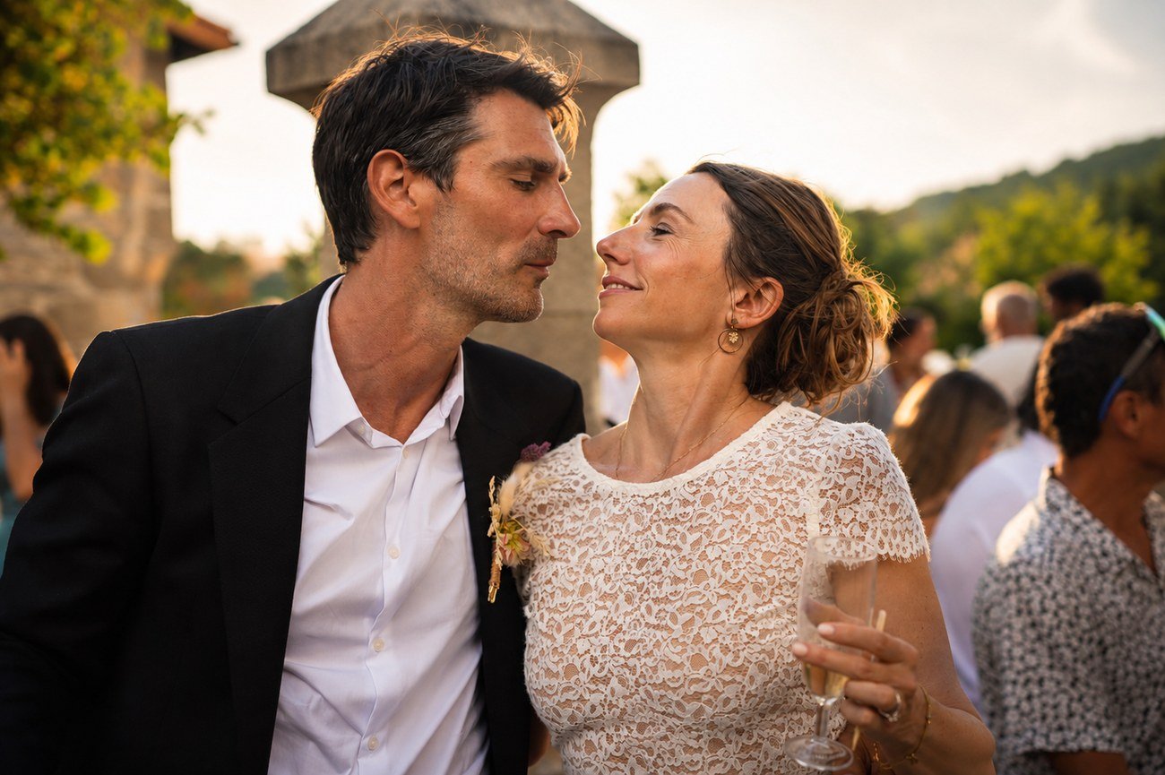 Couple sharing a close moment at a wedding reception