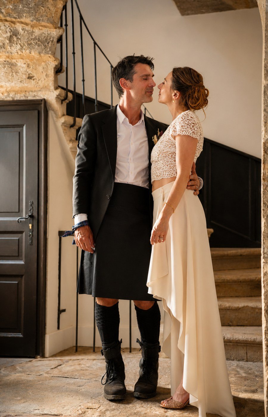 Bride and groom close-up in a stone doorway