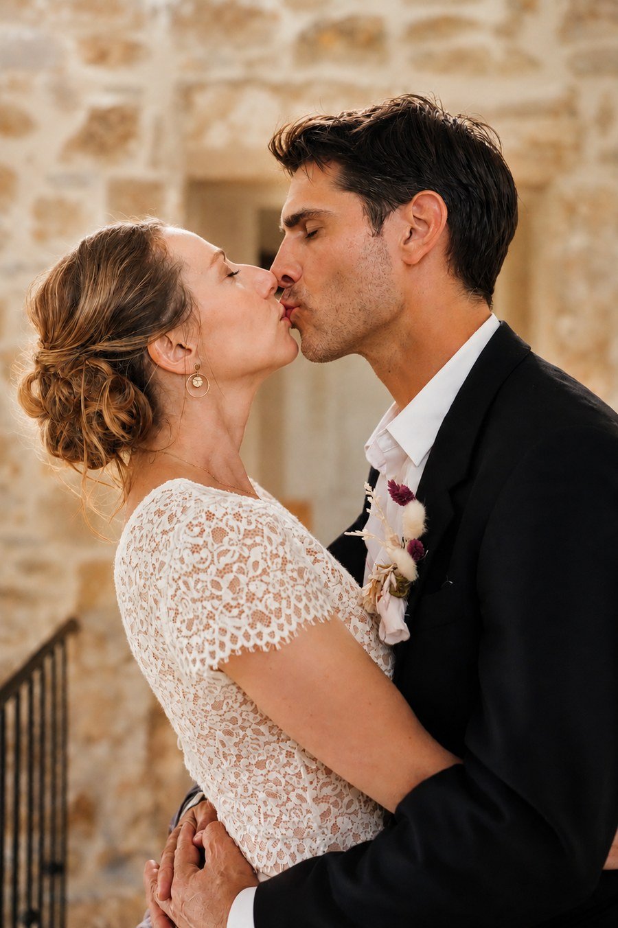 Bride and groom sharing their first kiss