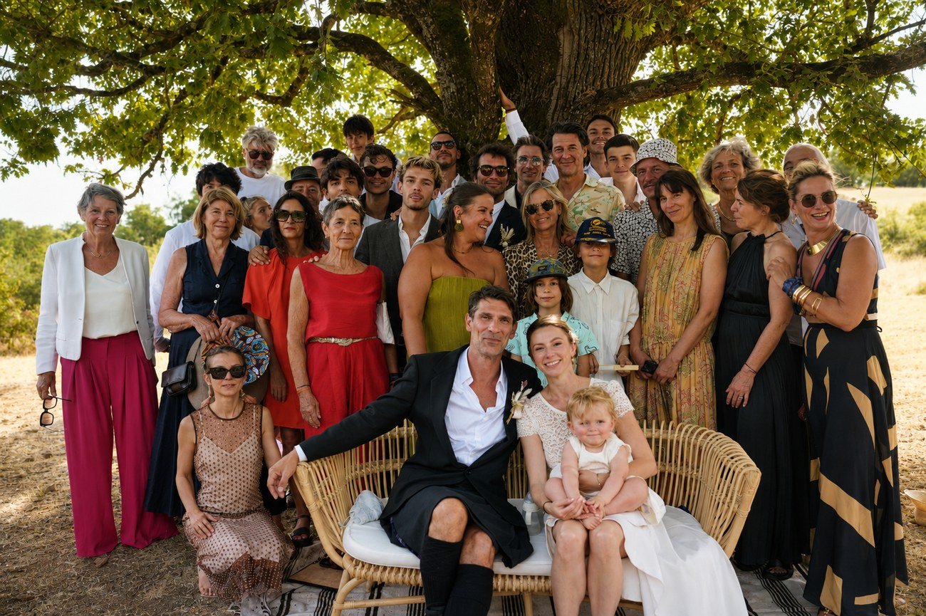 Extended family group portrait under a large tree