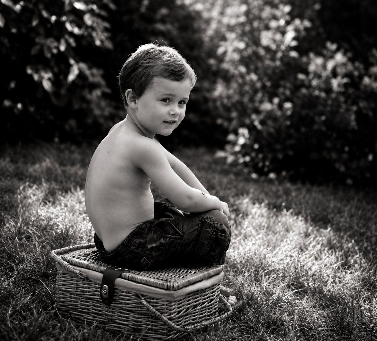 Young boy sitting on a picnic basket in the orchard