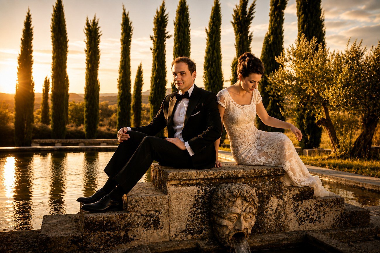 Bride and groom seated by a fountain at sunset
