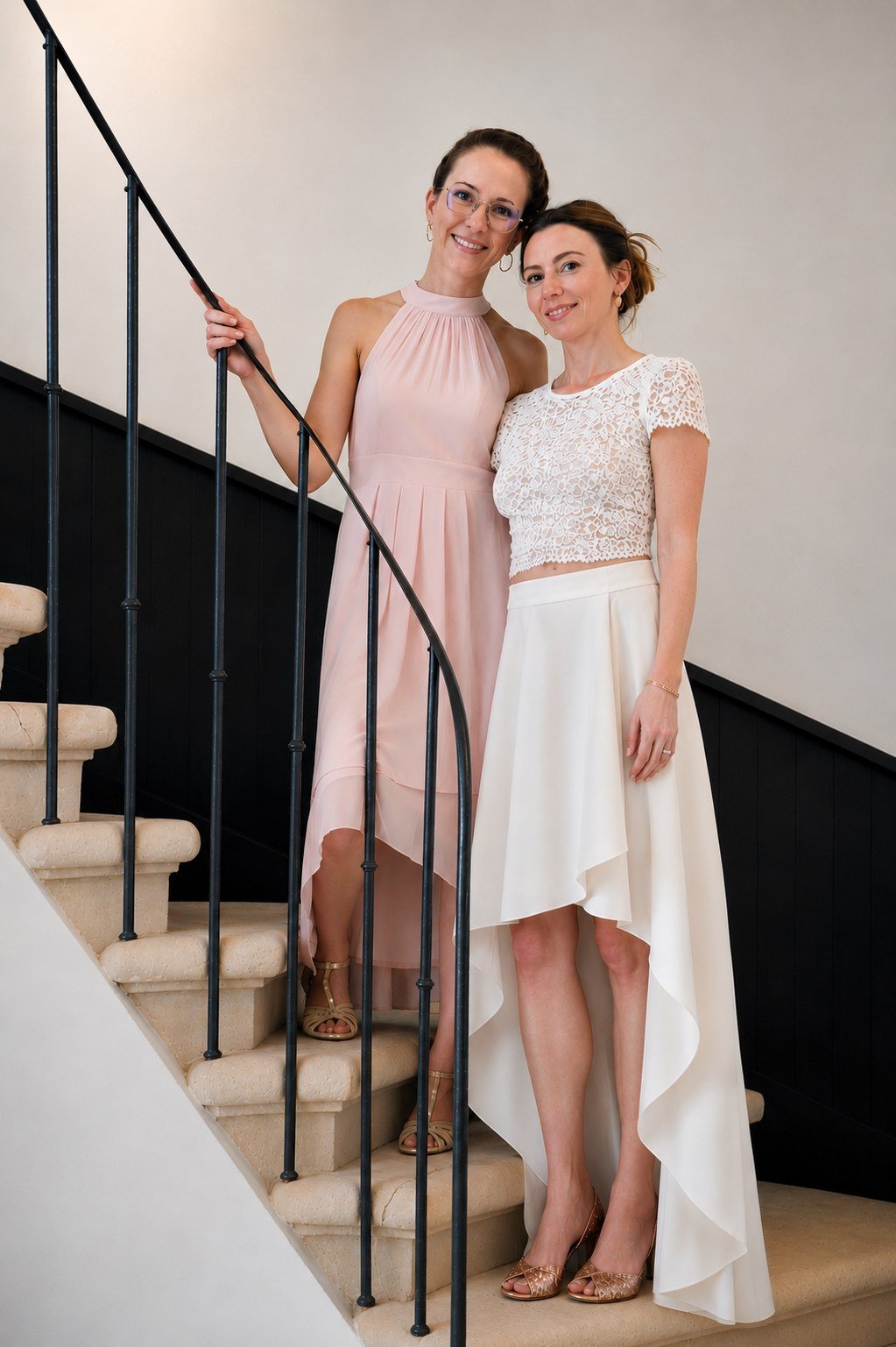 Two women posing together on a stone staircase